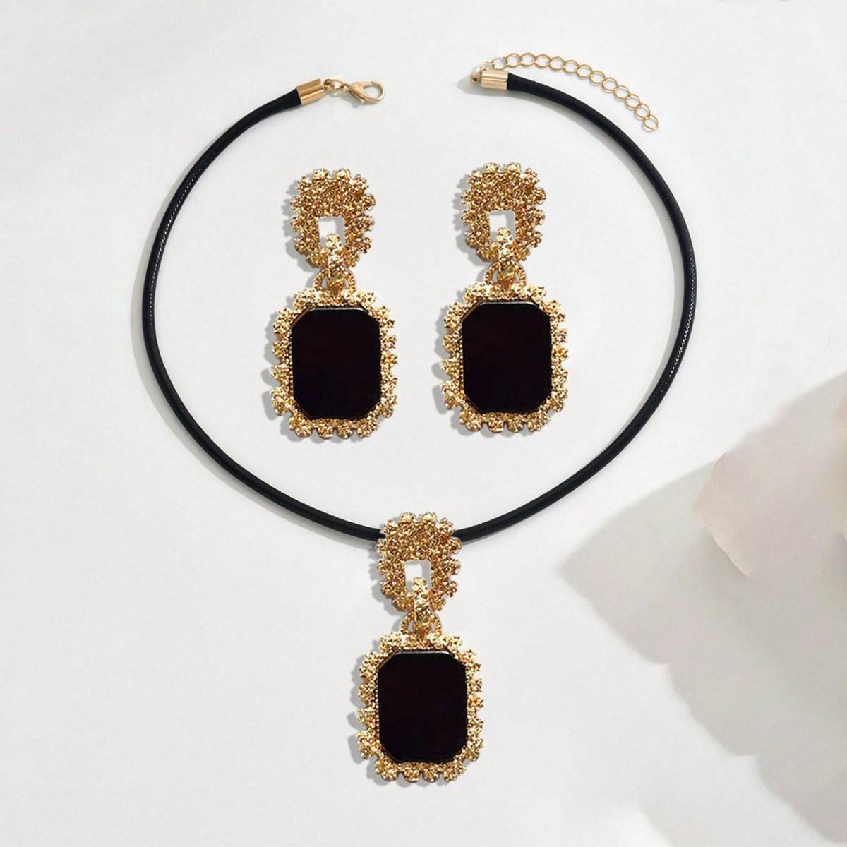 Elegant 14K Gold Plated Black Onyx Statement Jewelry Set - Necklace And Earrings - Concordia Style Boutique