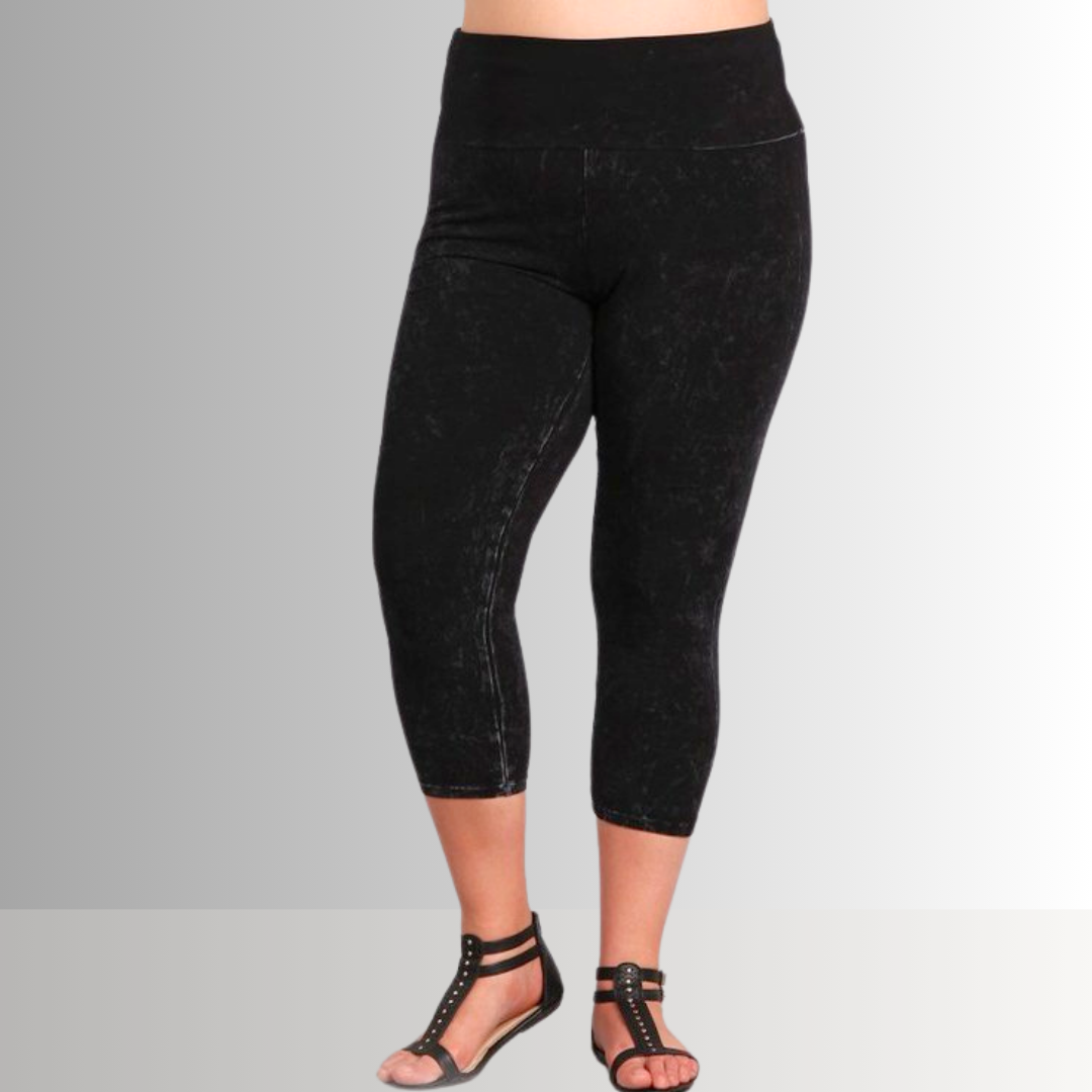Fold Over Waist Mineral Washed Capri Leggings Made in USA Plus Size - Concordia Style Boutique