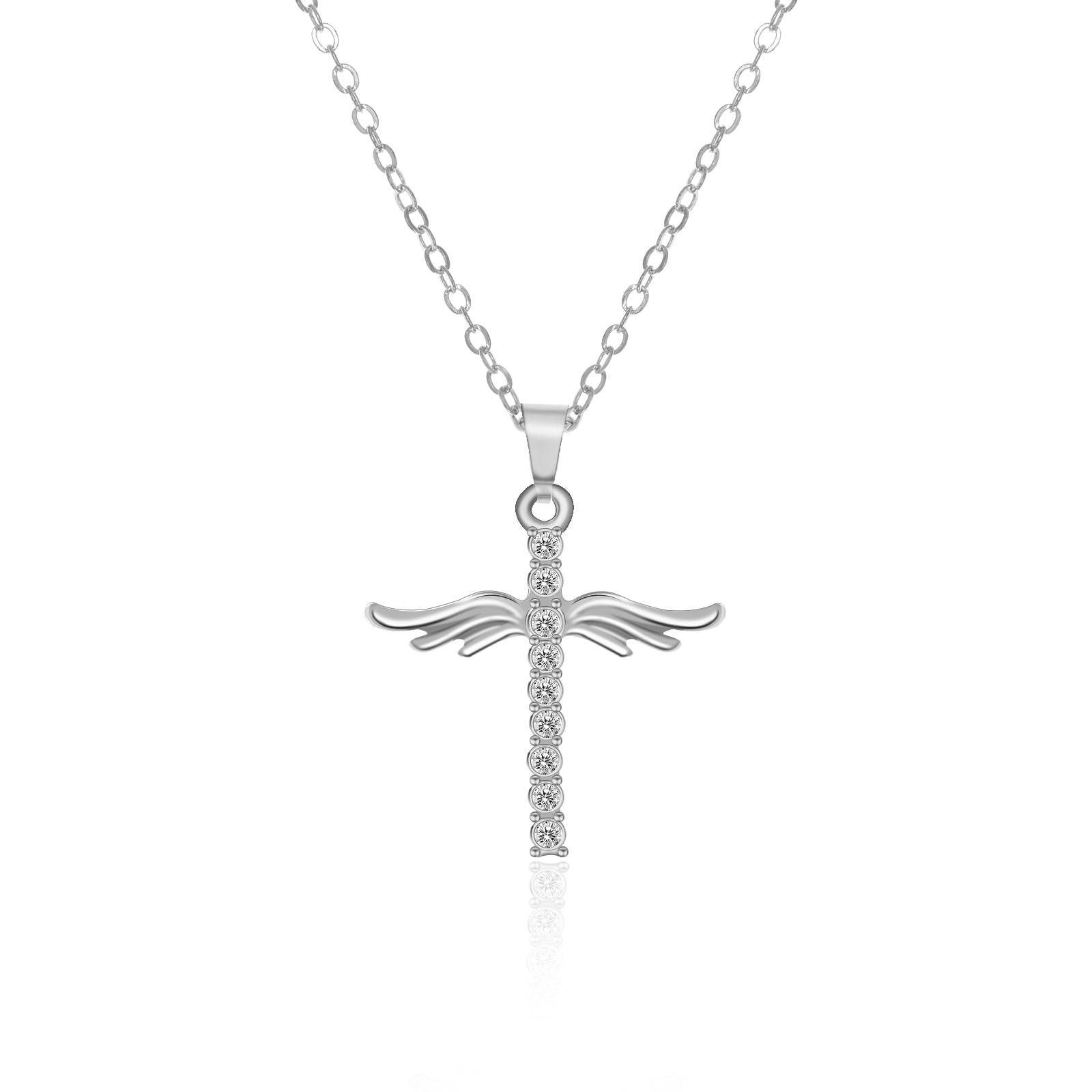 Simple Cross Diamond Angel Wings Pendant - Concordia Style Boutique