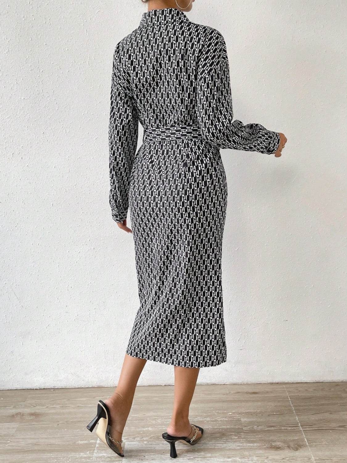 Printed Tie Waist Long Sleeve Midi Shirt Dress - Concordia Style Boutique