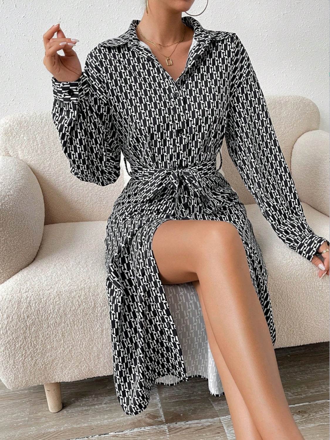 Printed Tie Waist Long Sleeve Midi Shirt Dress - Concordia Style Boutique