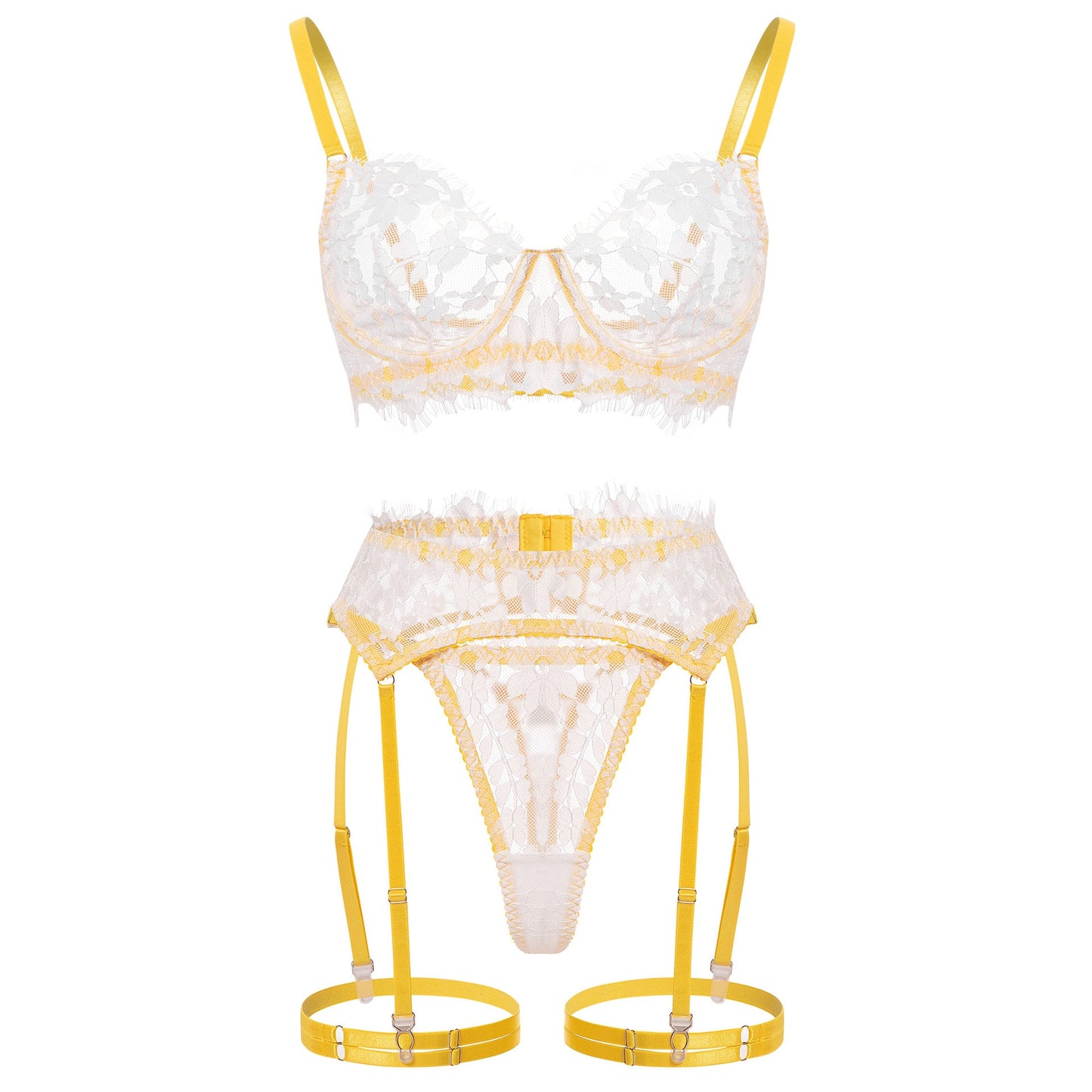 Yellow Lace Lingerie Set with Garter Belt For Women, Tribeca, BYMANYC New York.