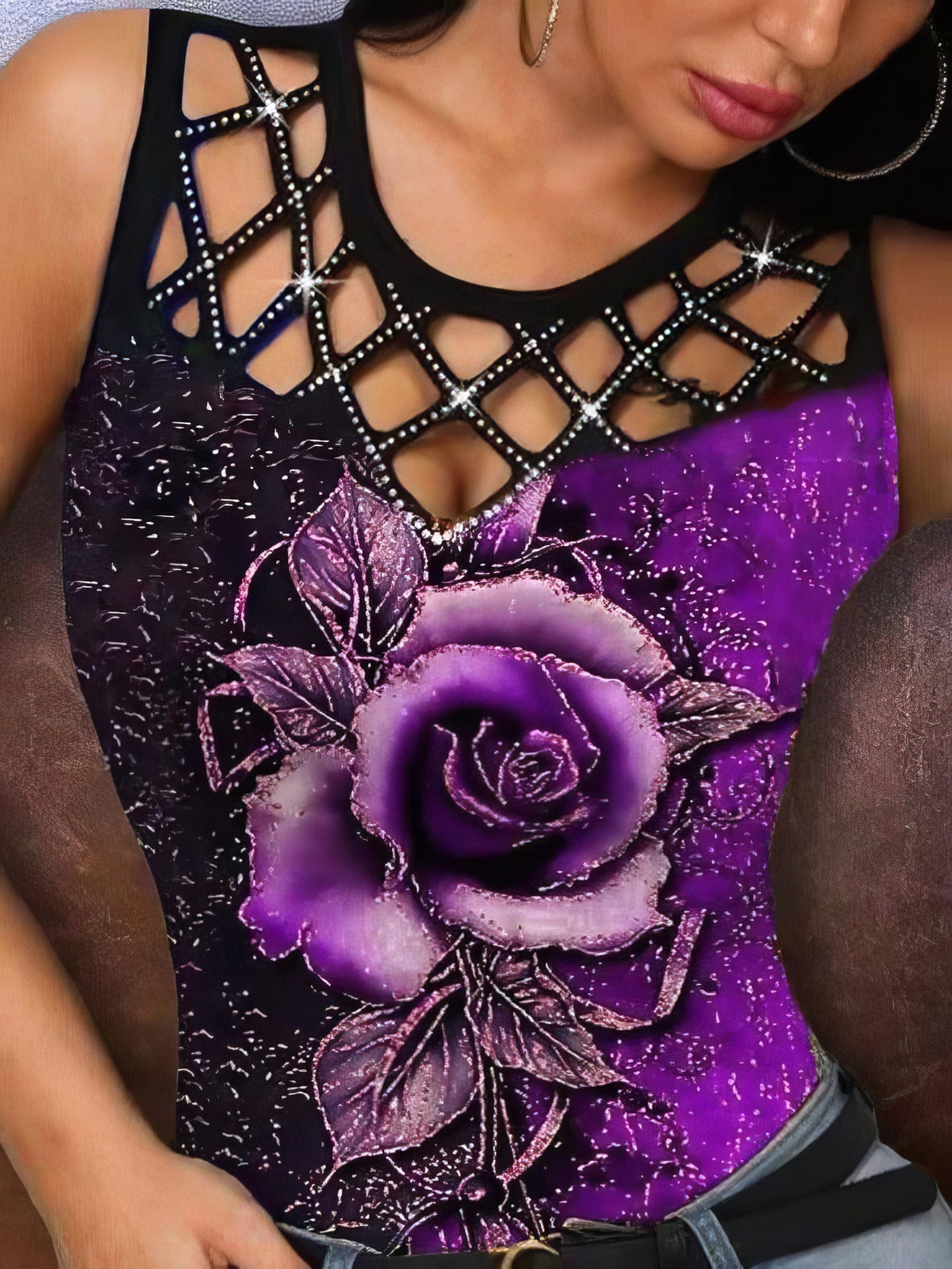 3D Rose Hollow Crew Neck Tank Top - Concordia Style Boutique
