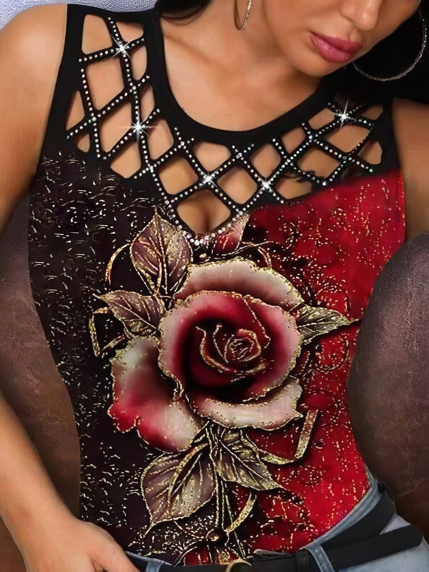 3D Rose Hollow Crew Neck Tank Top - Concordia Style Boutique