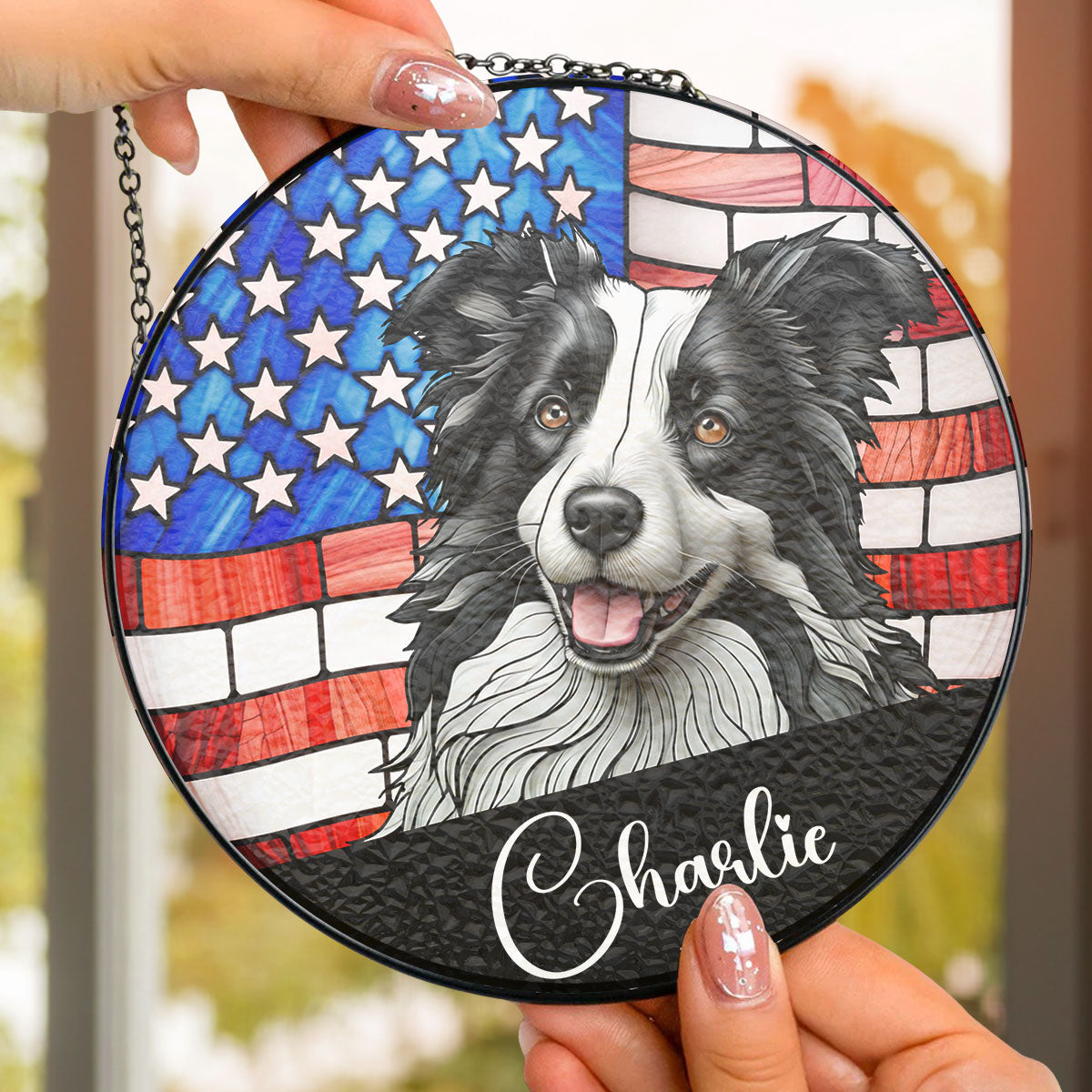 Personalized Custom Window Hanging Suncatcher - " Portrait Dog America" - Add Your Custom Photo - Personalized Gift - Premium Window Hanging Suncatcher from Concordia Style Boutique - Just $31.94! Shop now at Concordia Style Boutique