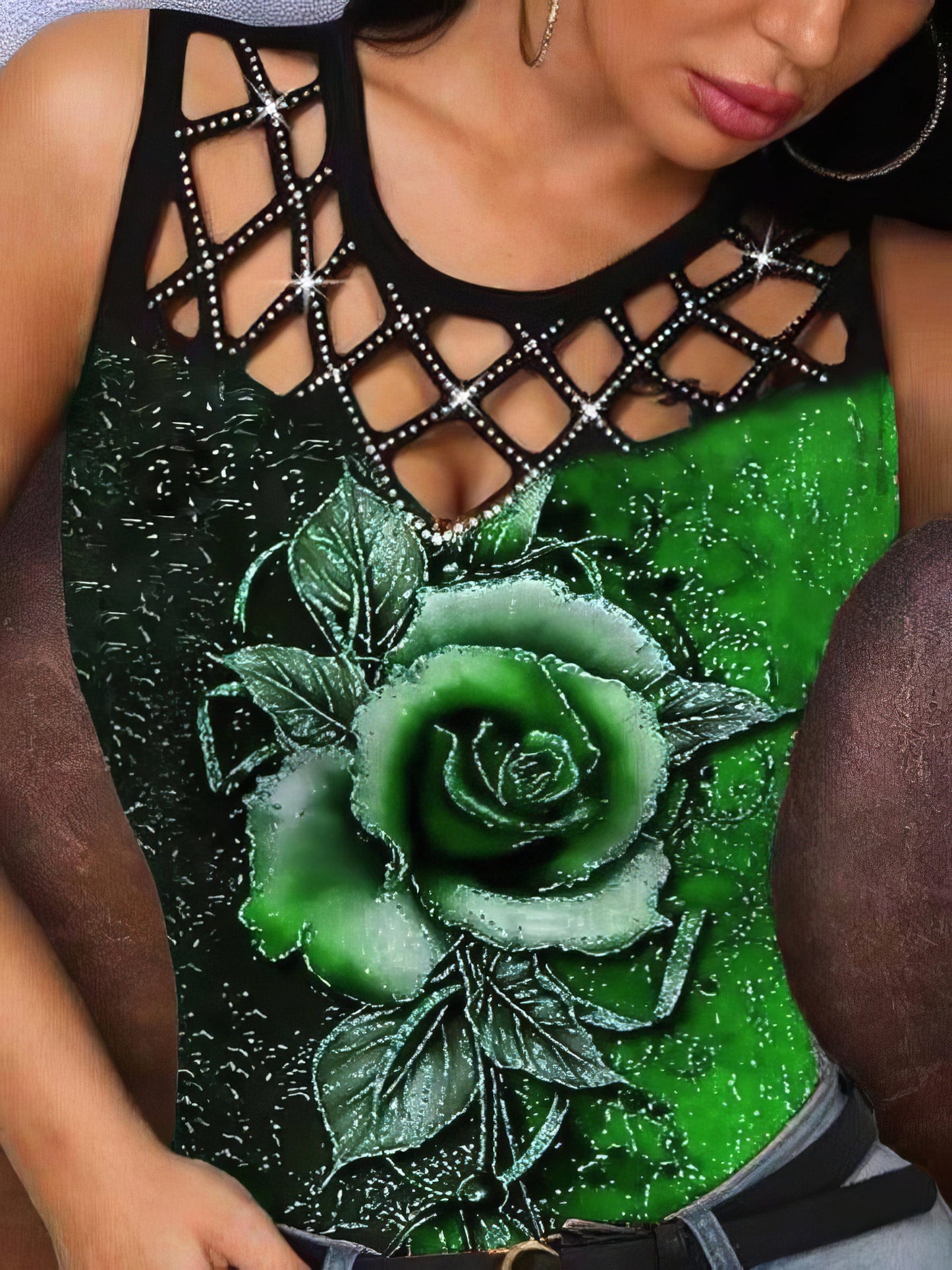 3D Rose Hollow Crew Neck Tank Top - Concordia Style Boutique