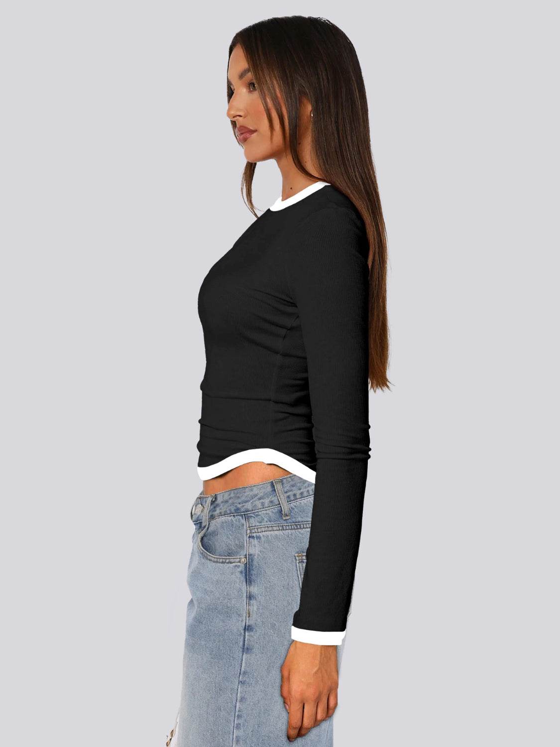 Contrast Trim Round Neck Long Sleeve T-Shirt - Concordia Style Boutique