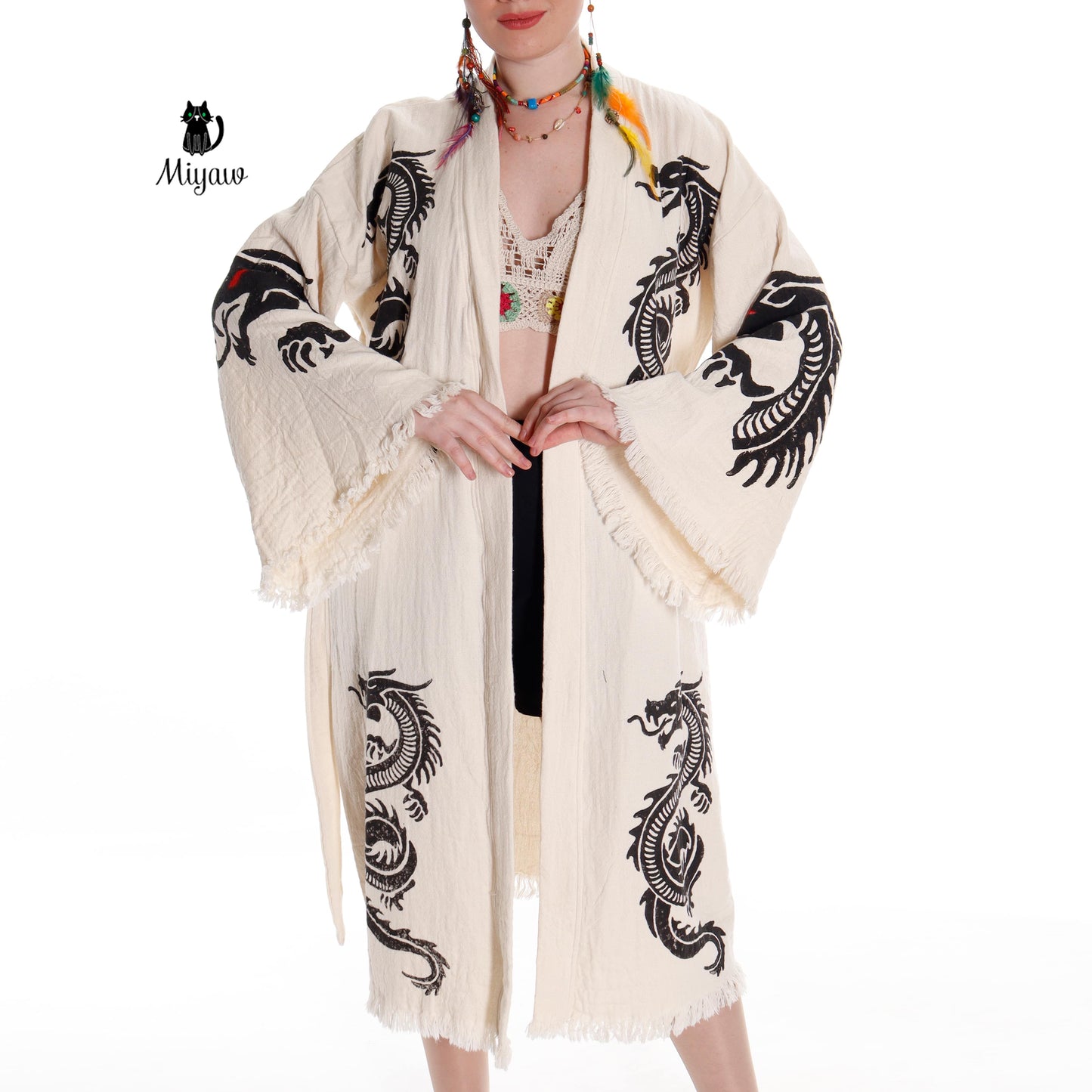 Boho Cotton Bath Robe – Organic Cotton Kimono Robe for Women, Dragon Gown & Beach Cover Ups