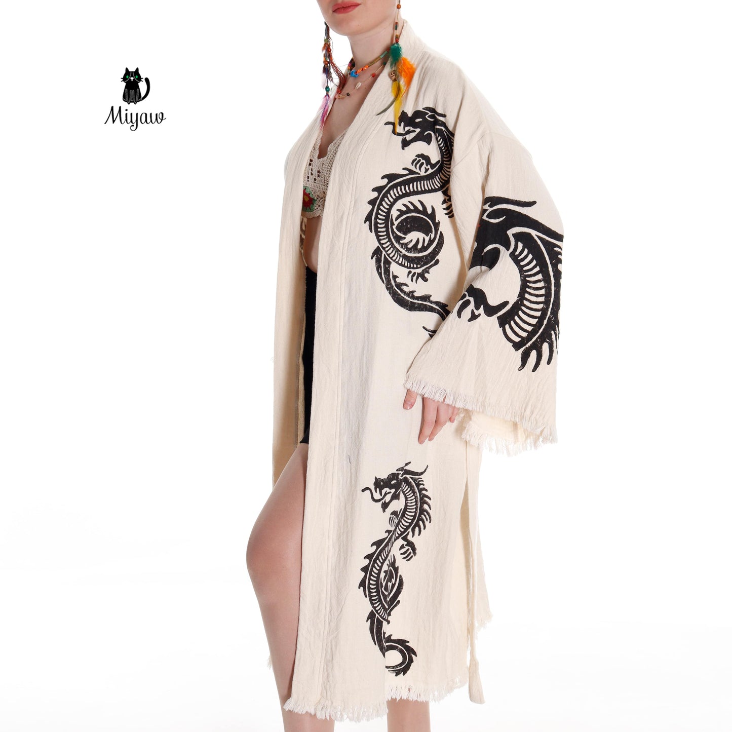 Boho Cotton Bath Robe – Organic Cotton Kimono Robe for Women, Dragon Gown & Beach Cover Ups