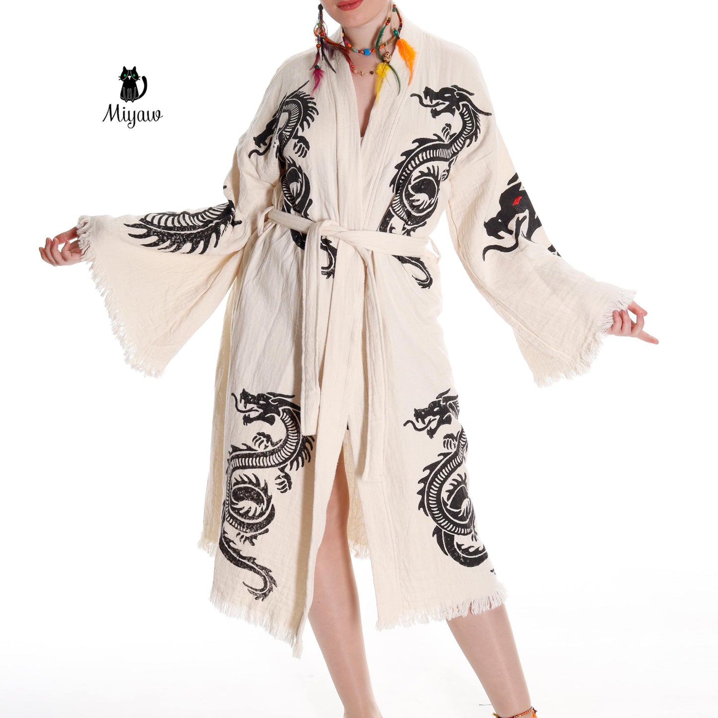 Boho Cotton Bath Robe – Organic Cotton Kimono Robe for Women, Dragon Gown & Beach Cover Ups