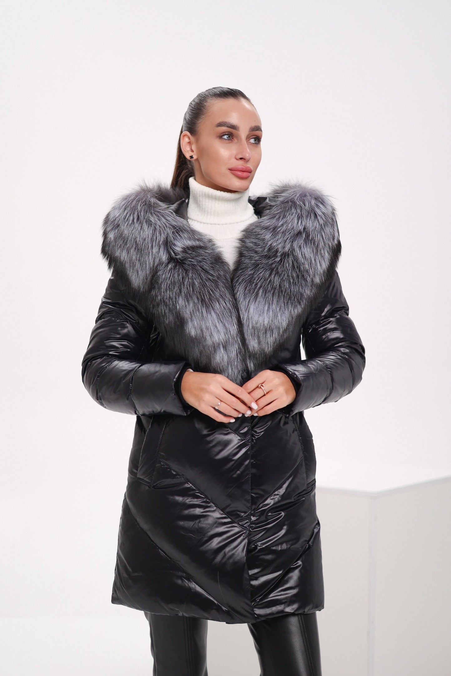 Genuine Silver Fox Fur Down Fill Coat
