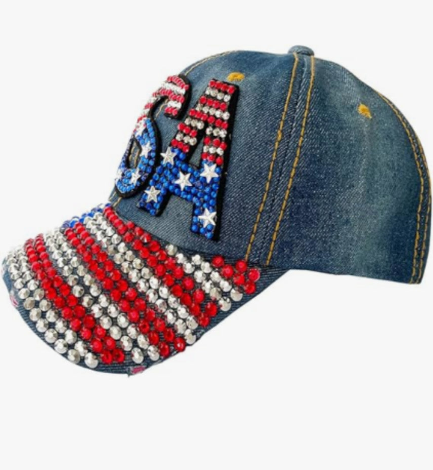 American Flag Baseball Cap - Denim Distressed Rhinestone Design (Navy Blue) - Concordia Style Boutique