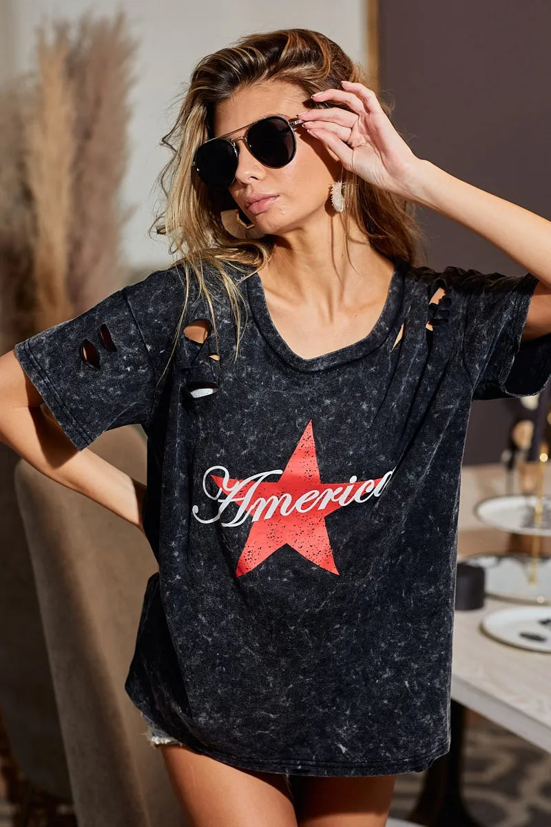 BiBi Laser Cut Mineral Washed Jersey Top with America in Black