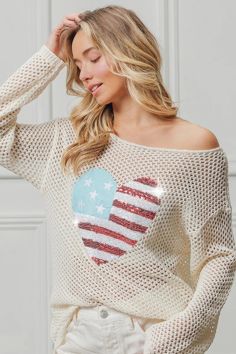 BiBi Sequin American Flag Heart Knit Cover Up