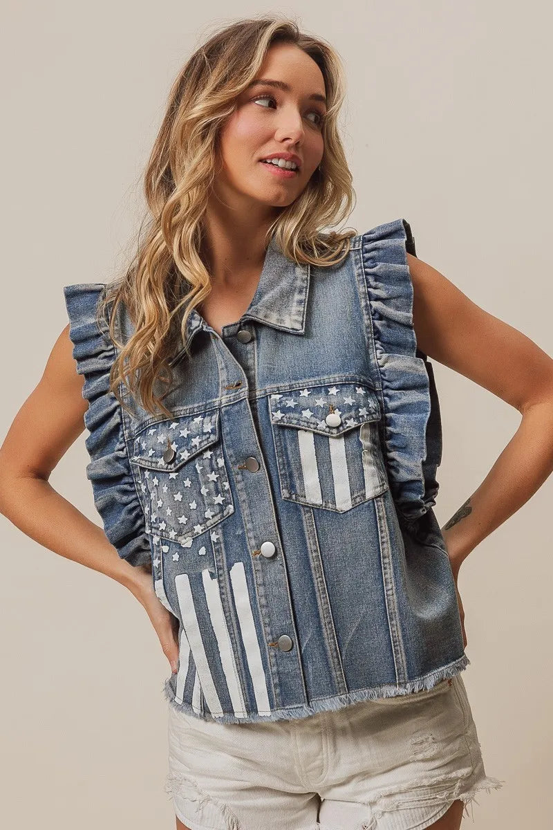 BiBi American Flag Washed Denim Jacket