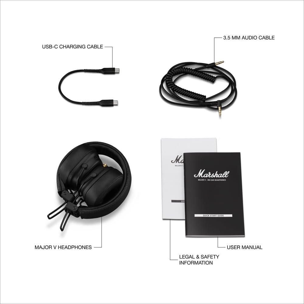 Marshall Major V Bluetooth On‑Ear Headphones – 100+ Hours Playtime, Wireless Charging, Rugged Foldable Design