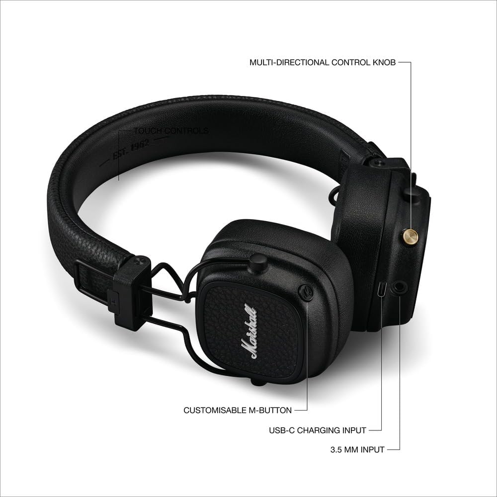 Marshall Major V Bluetooth On‑Ear Headphones – 100+ Hours Playtime, Wireless Charging, Rugged Foldable Design