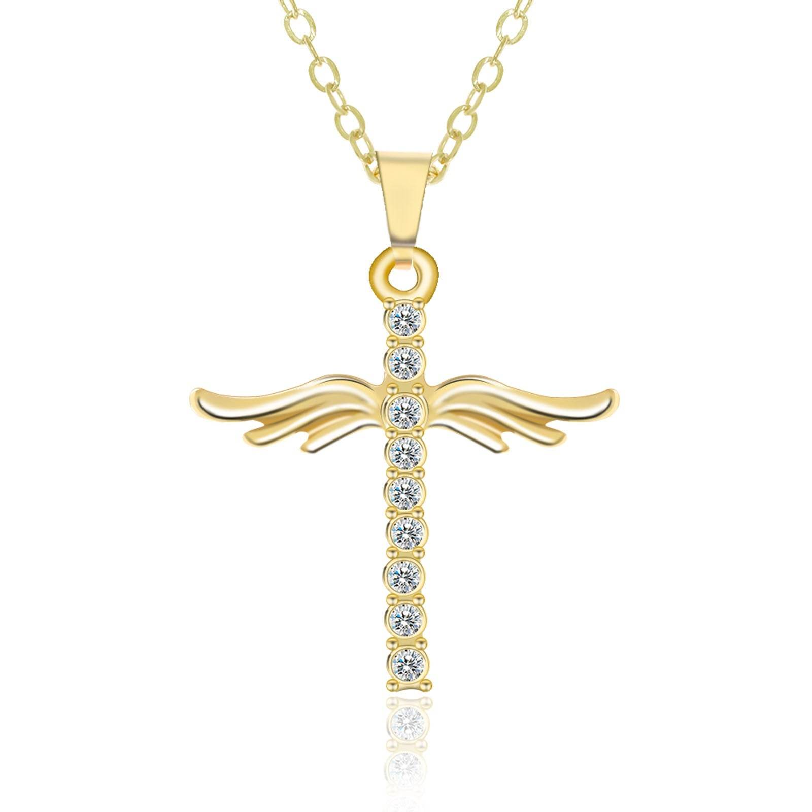 Simple Cross Diamond Angel Wings Pendant - Concordia Style Boutique