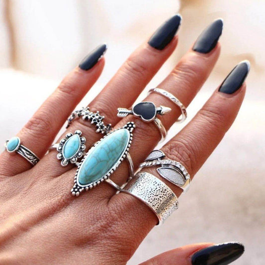 Turquoise Alloy 8-Piece Ring Set - Concordia Style Boutique