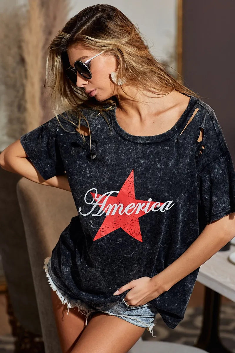 BiBi Laser Cut Mineral Washed Jersey Top with America in Black