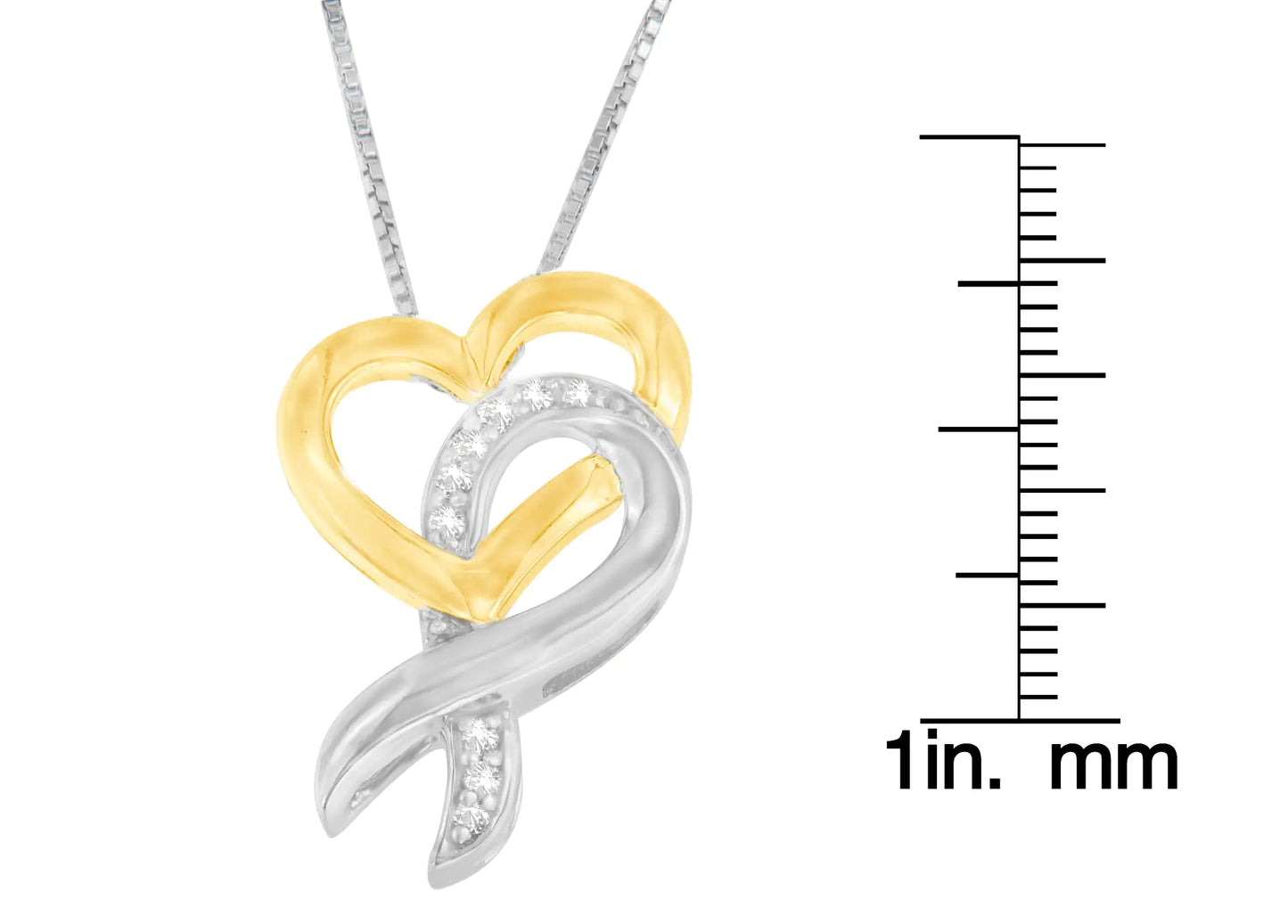 10K Yellow Gold and .925 Sterling Silver 1/20 cttw Diamond Ribbon-Heart Pendant Necklace (H-I, I1-I2) - Concordia Style Boutique