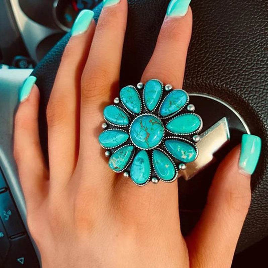 Artificial Turquoise Alloy Flower Ring - Concordia Style Boutique
