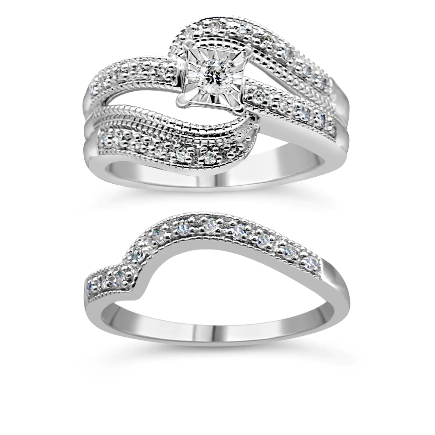 *45 Left* .925 Sterling Silver 1/3 Cttw Round Diamond Crisscross Engagement Ring Bridal Set (H-I Color, I1-I2 Clarity ) - Concordia Style Boutique