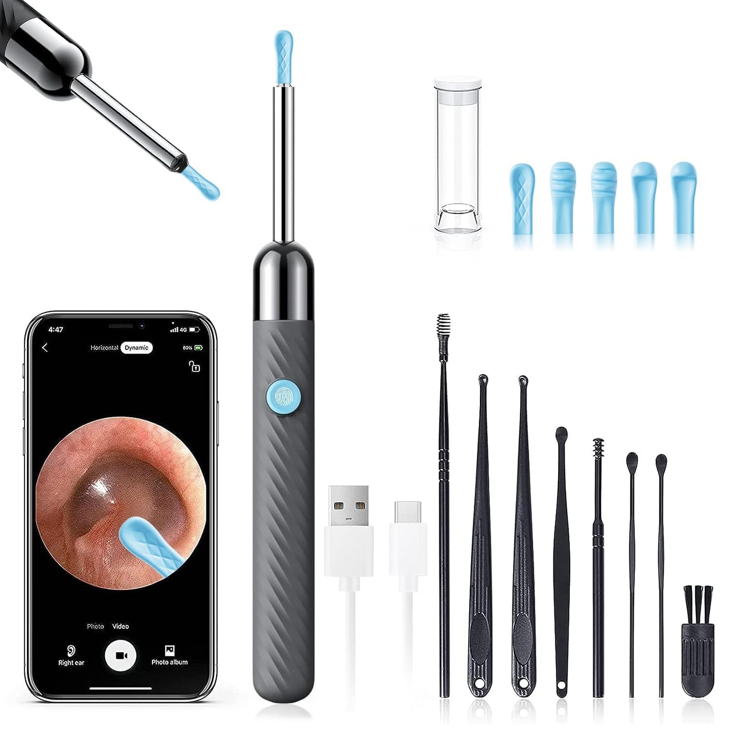 Ear Wax Removal - Earwax Remover Tool with 8 Pcs Ear Set - Ear Canal Cleaner with 1080P Camera - FSA HSA Eligible - Ear Cleaning Kit with 6 Ear Spoon - Ear Camera for iOS & Android