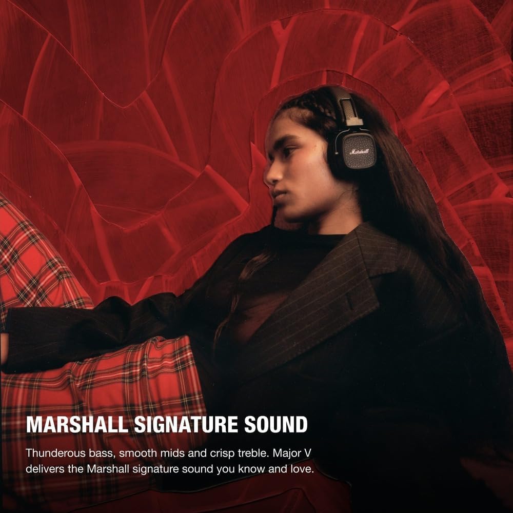 Marshall Major V Bluetooth On‑Ear Headphones – 100+ Hours Playtime, Wireless Charging, Rugged Foldable Design
