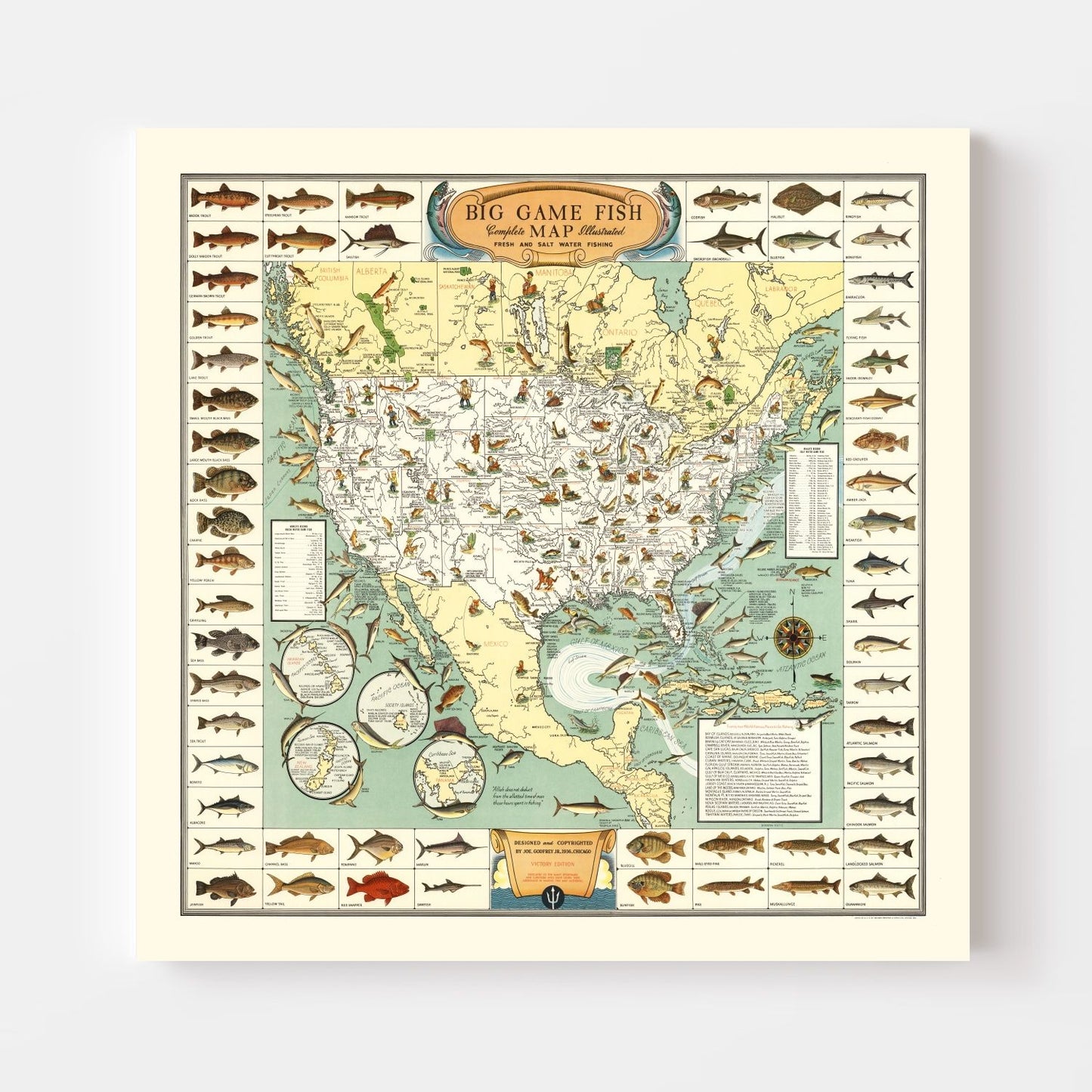 Vintage Map of Big Game Fish of America 1936