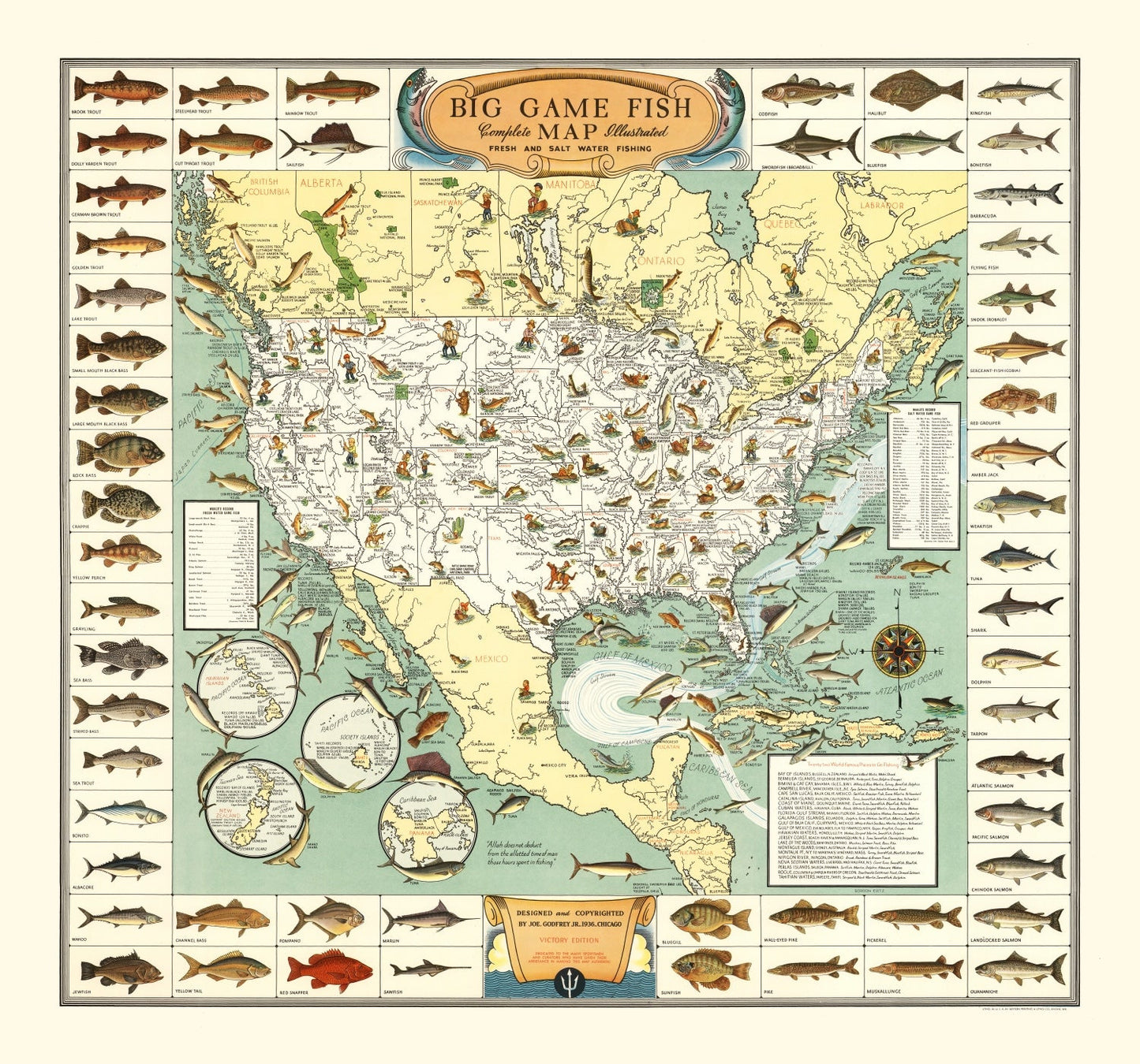 Vintage Map of Big Game Fish of America 1936