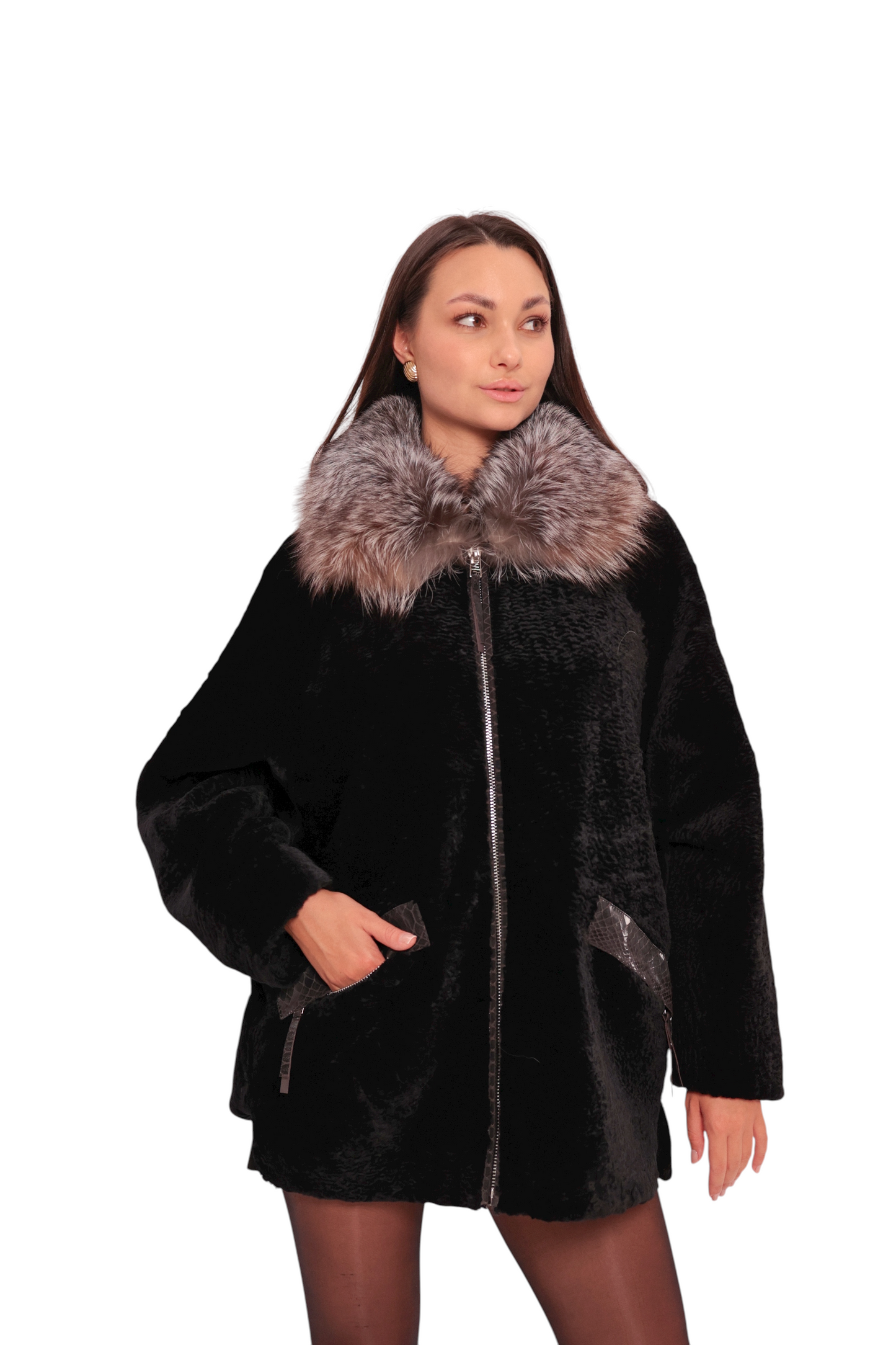 Palermo Genuine Astrakhan Silver Fox Trim Coat