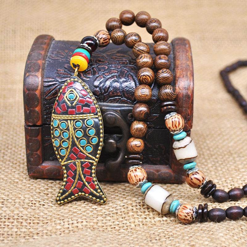 Vintage Long Necklace Handmade Turquoise Wood Beads Necklace for Women Fashion Jewelry - Concordia Style Boutique
