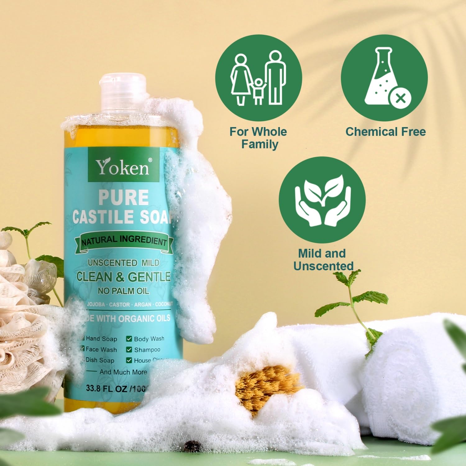Yoken EWG Verified Castile Soap Liquid Unscented 33.8 fl oz Pure Castile Liquid Soap Made With Organic Oil, Clean & Gentle, Natural Castor Oil Soap for Body Wash, Hand, Dishes, Laundry, No Fragrance - Concordia Style Boutique