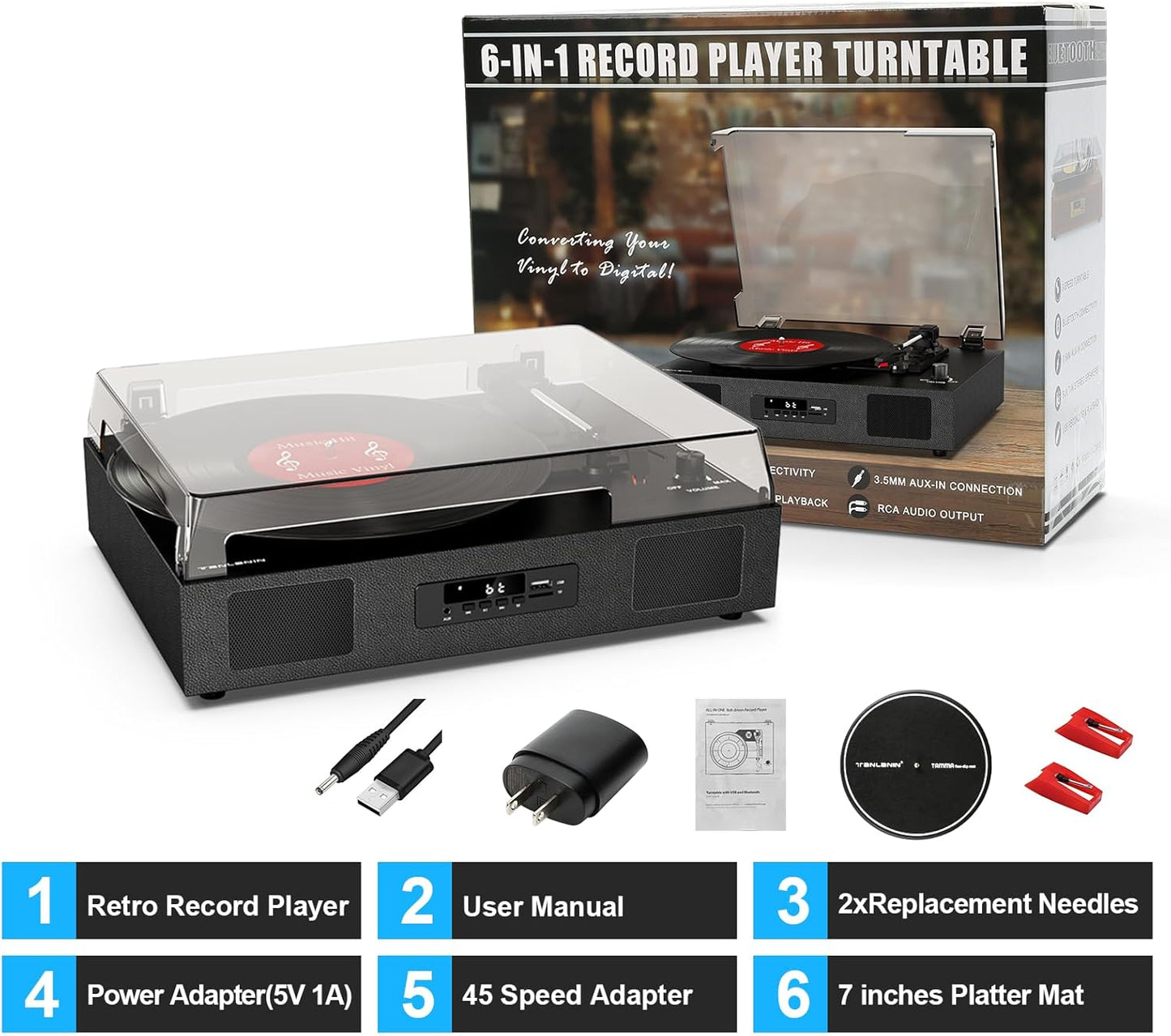 Vinyl Record Player - Turntable with Built-in Stereo Speakers, Vintage 3-Speed Turntable for Vinyl Records - USB and SD Recording with Bluetooth Music Playback, RCA Out and Digital Display - Premium Turntables from Concordia Style Boutique - Just $85.70! Shop now at Concordia Style Boutique