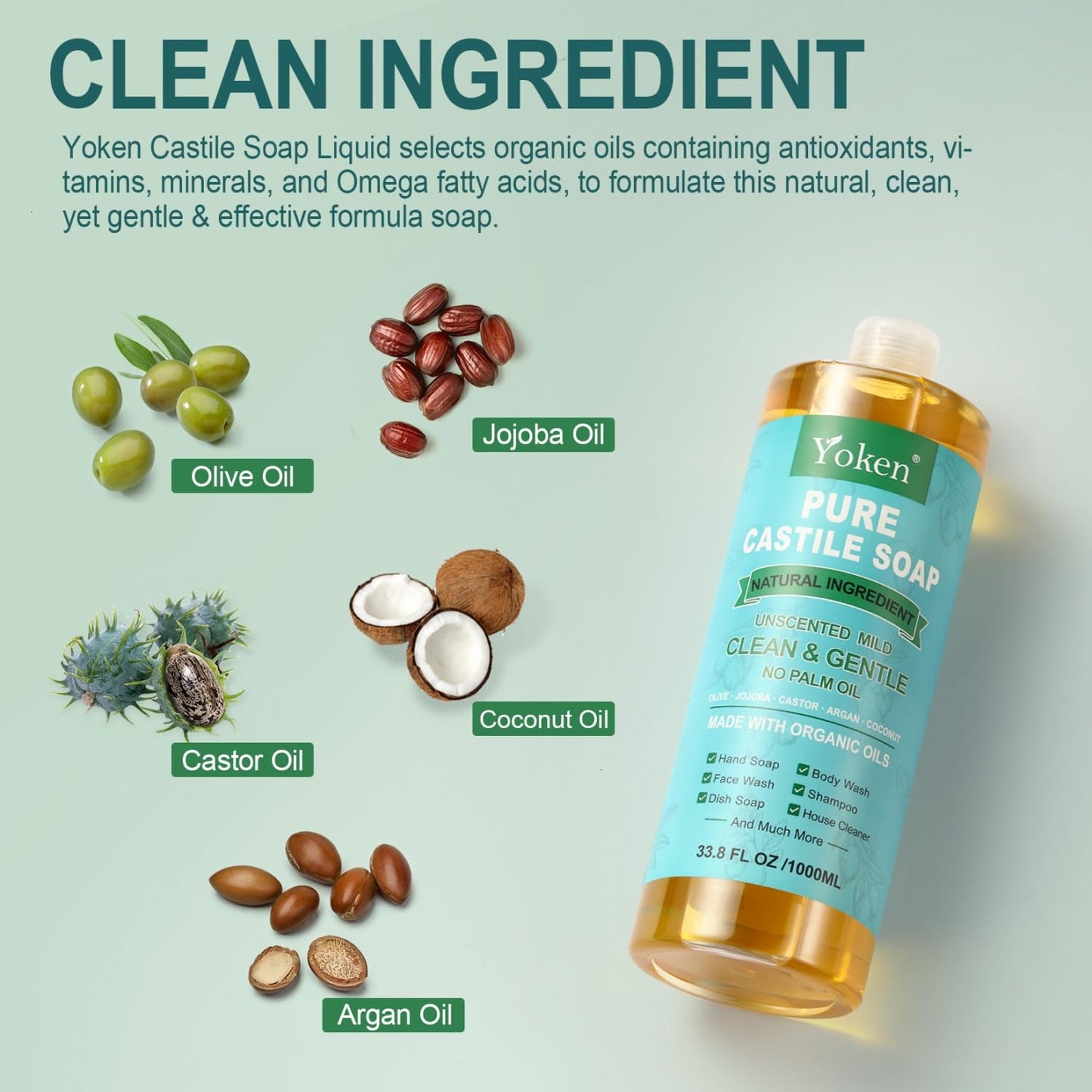 Yoken EWG Verified Castile Soap Liquid Unscented 33.8 fl oz Pure Castile Liquid Soap Made With Organic Oil, Clean & Gentle, Natural Castor Oil Soap for Body Wash, Hand, Dishes, Laundry, No Fragrance - Concordia Style Boutique