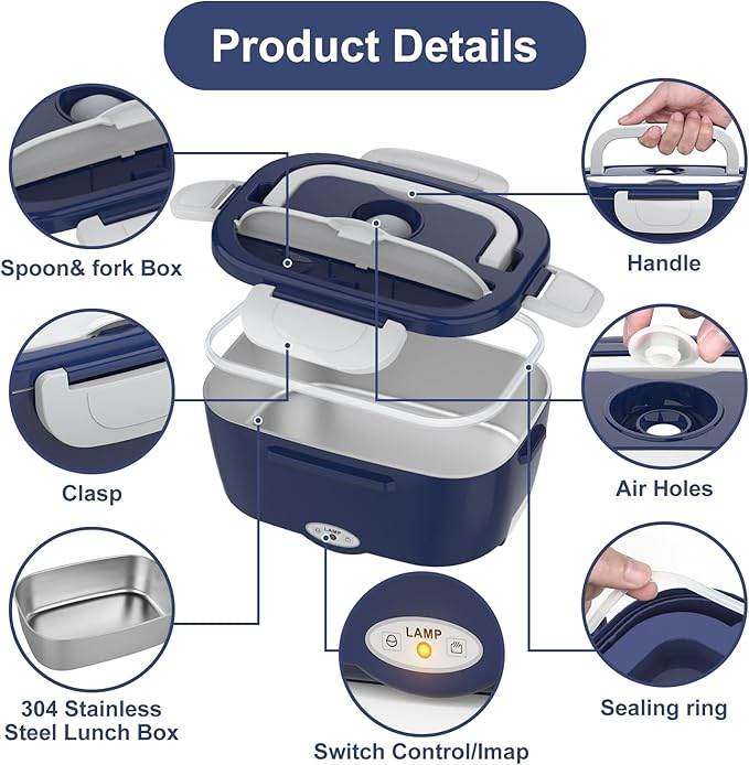 Electric Lunch Box / Food Heater, 3 in 1 - Ultra Quick - Heated Lunch Boxes for Adults, 12V/24V/110V - Portable Food Warmer for Car/Truck/Office With Fork Spoon and Insulated Carry Bag - Concordia Style Boutique