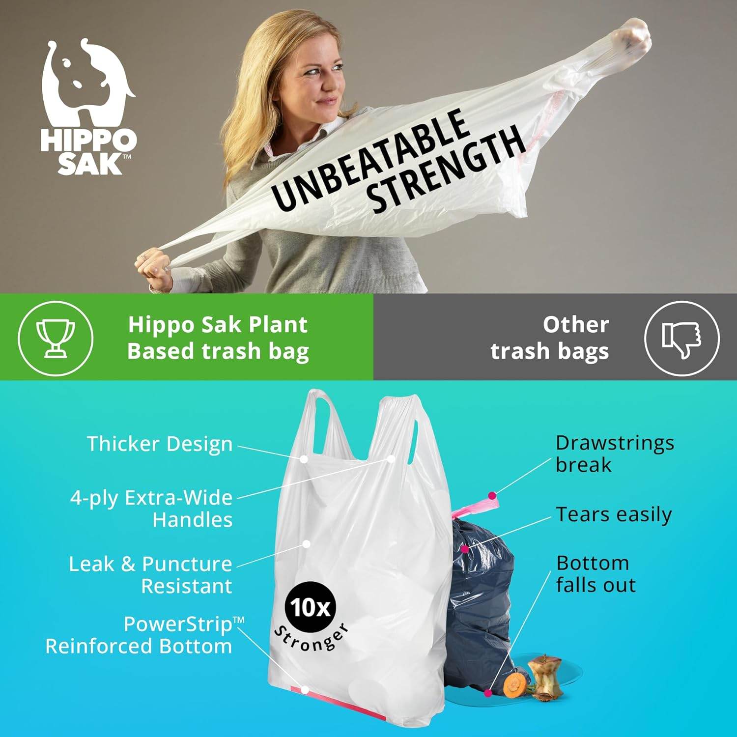 Plant Based - Hippo Sak Tall Kitchen Bags with Handles, 13 gallon (45 Count or 90 Count) - Concordia Style Boutique