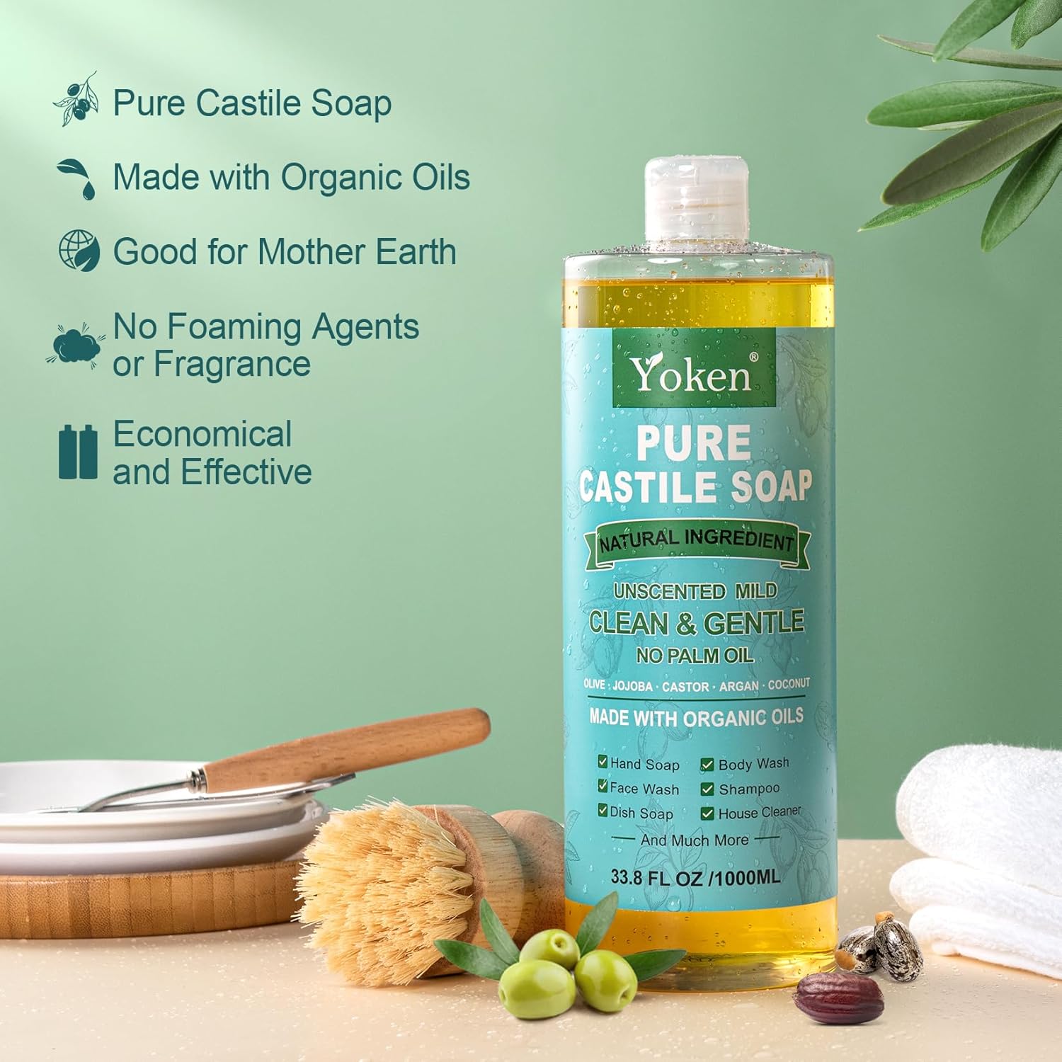 Yoken EWG Verified Castile Soap Liquid Unscented 33.8 fl oz Pure Castile Liquid Soap Made With Organic Oil, Clean & Gentle, Natural Castor Oil Soap for Body Wash, Hand, Dishes, Laundry, No Fragrance - Concordia Style Boutique