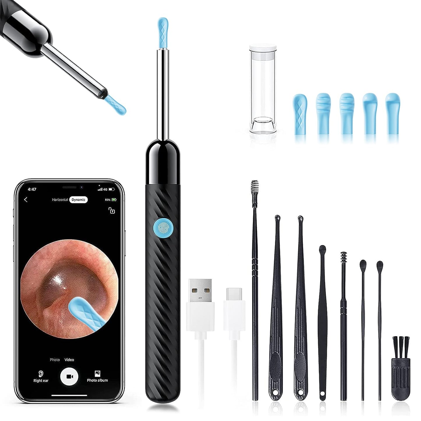 Ear Wax Removal - Earwax Remover Tool with 8 Pcs Ear Set - Ear Canal Cleaner with 1080P Camera - FSA HSA Eligible - Ear Cleaning Kit with 6 Ear Spoon - Ear Camera for iOS & Android