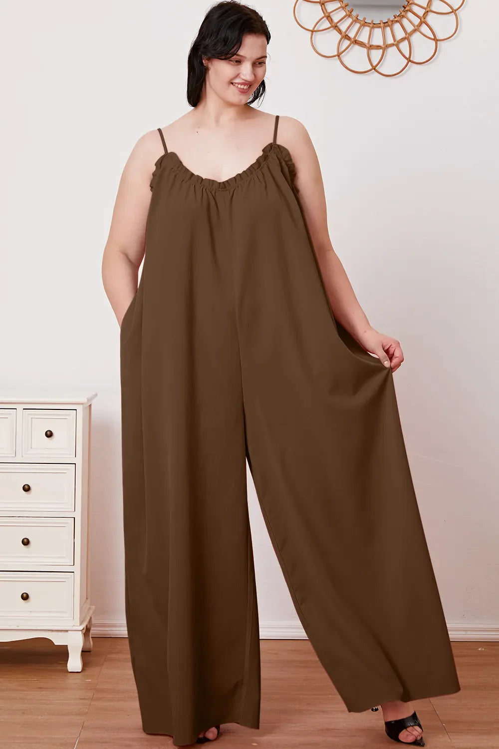 Double Take Full Size Ruffle Trim Tie Back Cami Jumpsuit with Pockets - Concordia Style Boutique