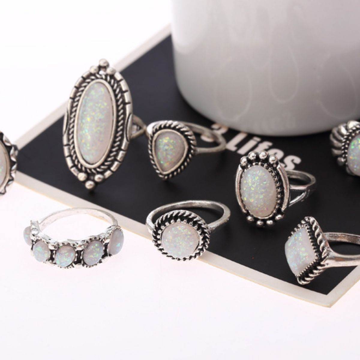 Opal Alloy Geometric Ring 8-Piece Set - Concordia Style Boutique