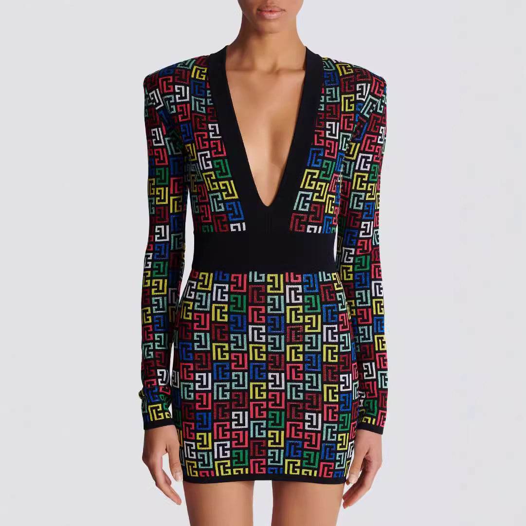 Colorful Jacquard V-short dress - Concordia Style Boutique