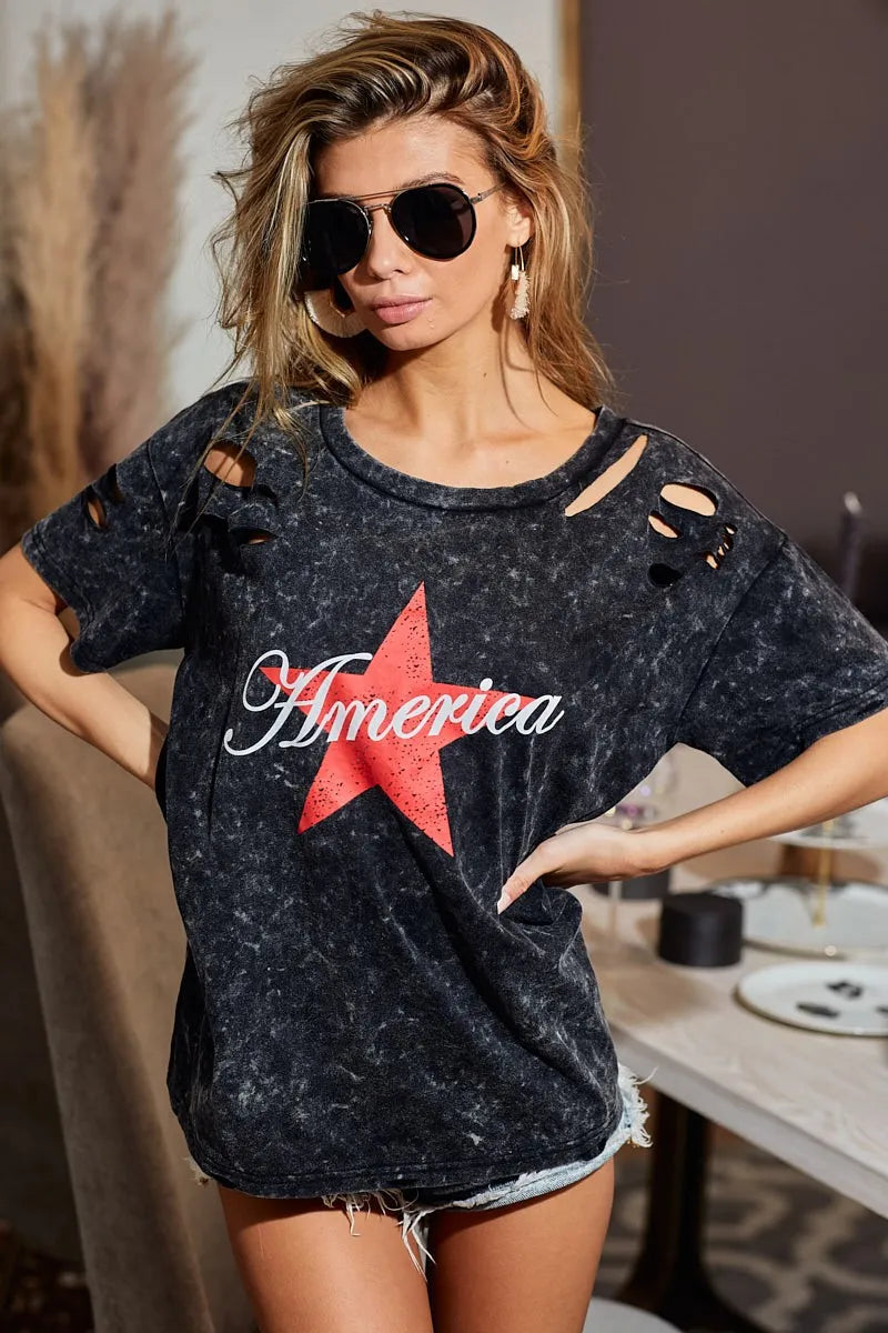 BiBi Laser Cut Mineral Washed Jersey Top with America in Black