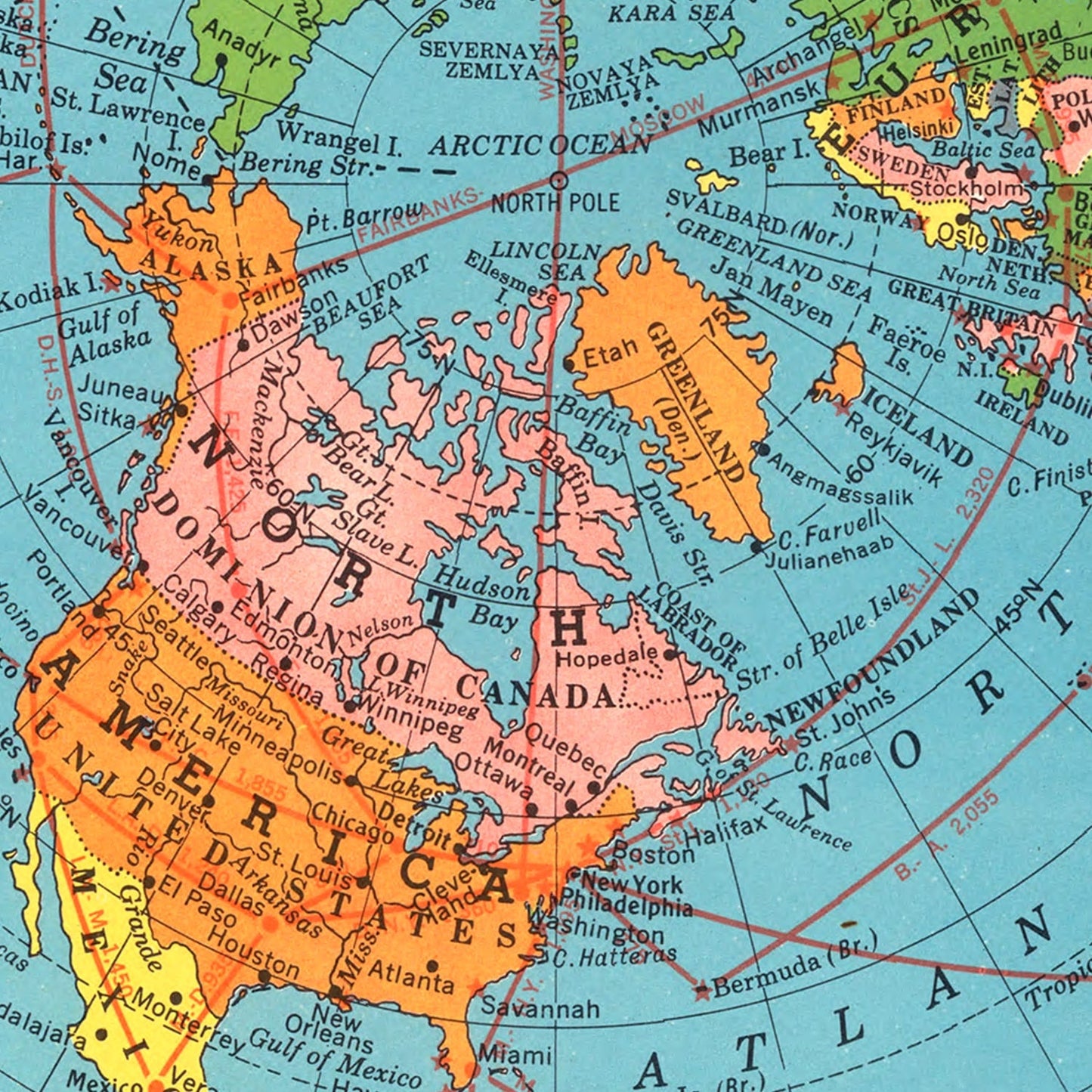 Vintage Air Age Map of The World 1946