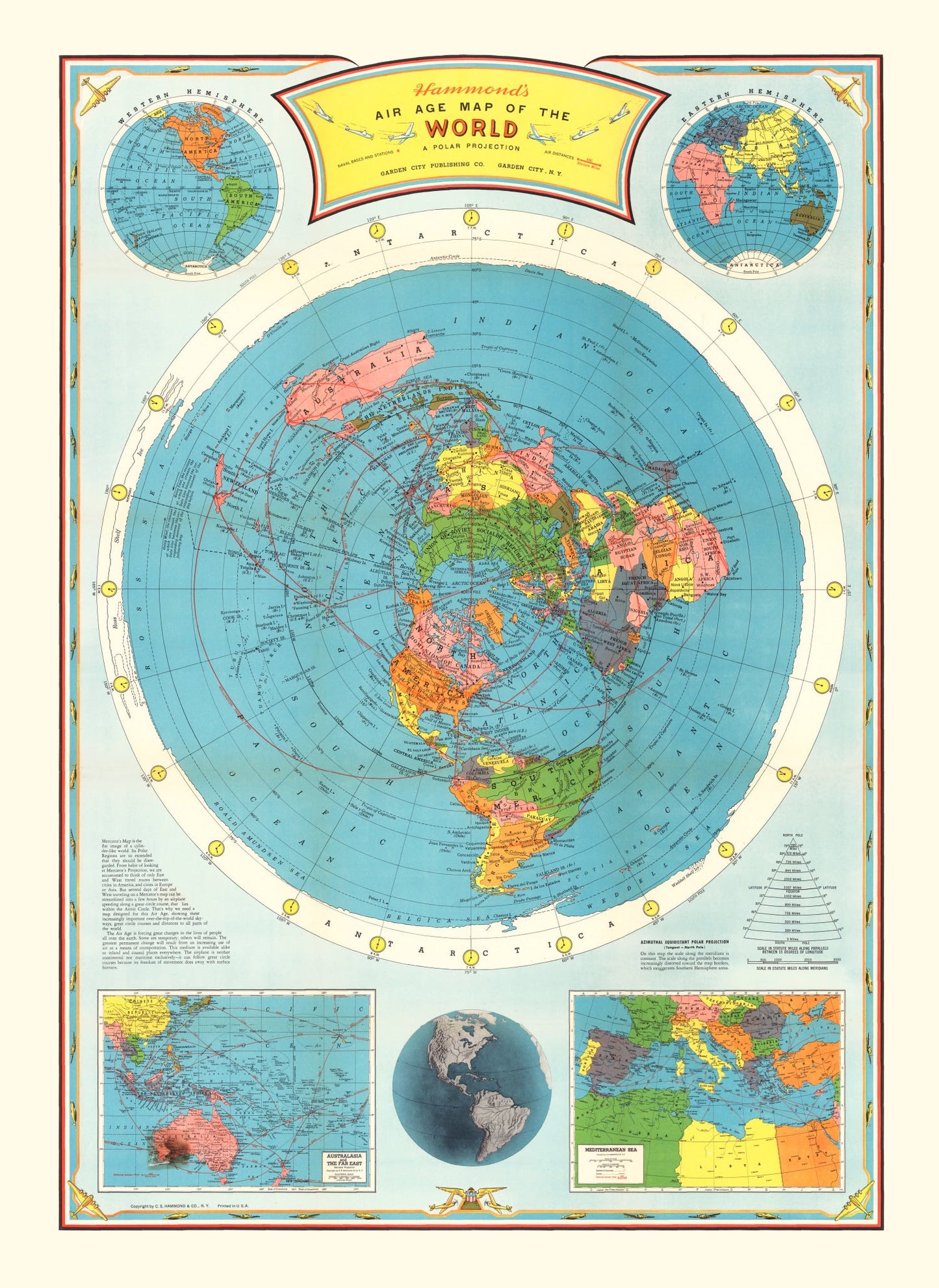 Vintage Air Age Map of The World 1946