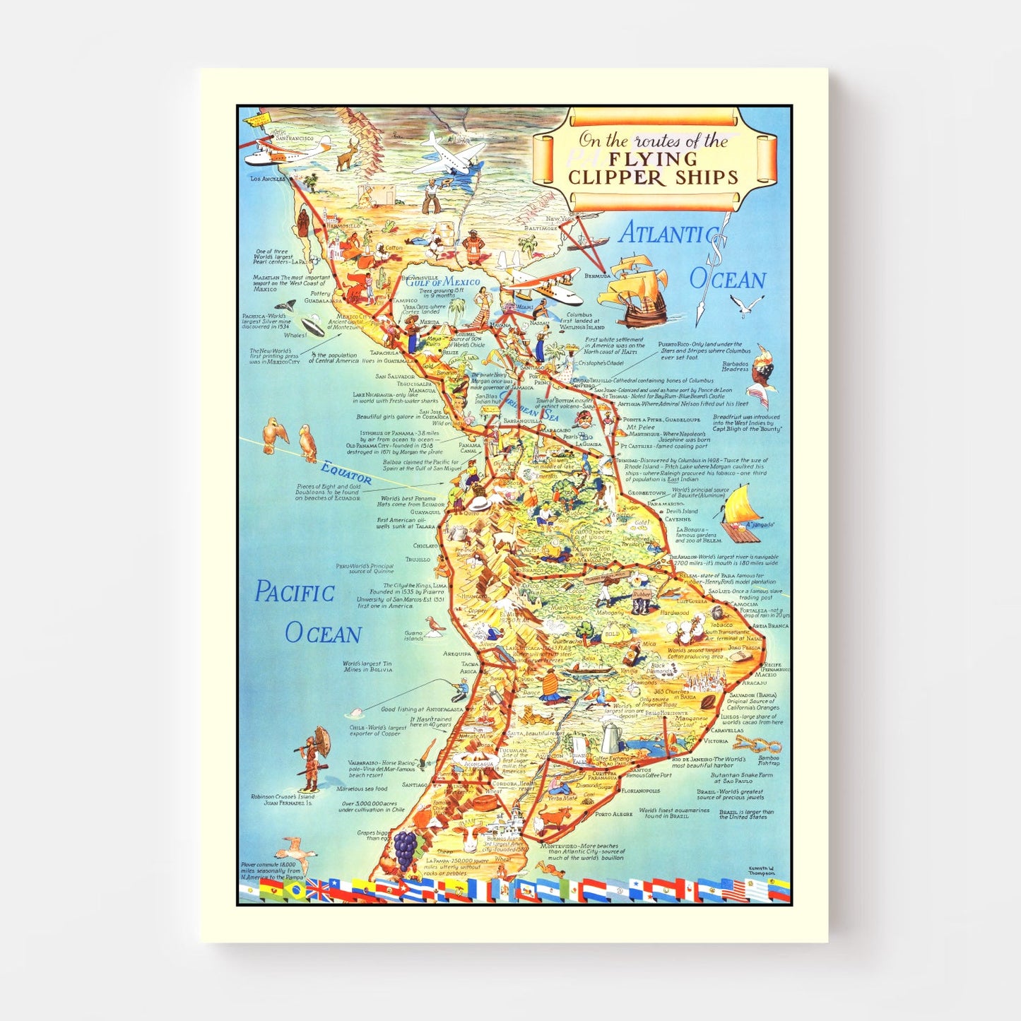 Vintage Map of Flying Clipper Ships of the Americas, 1941