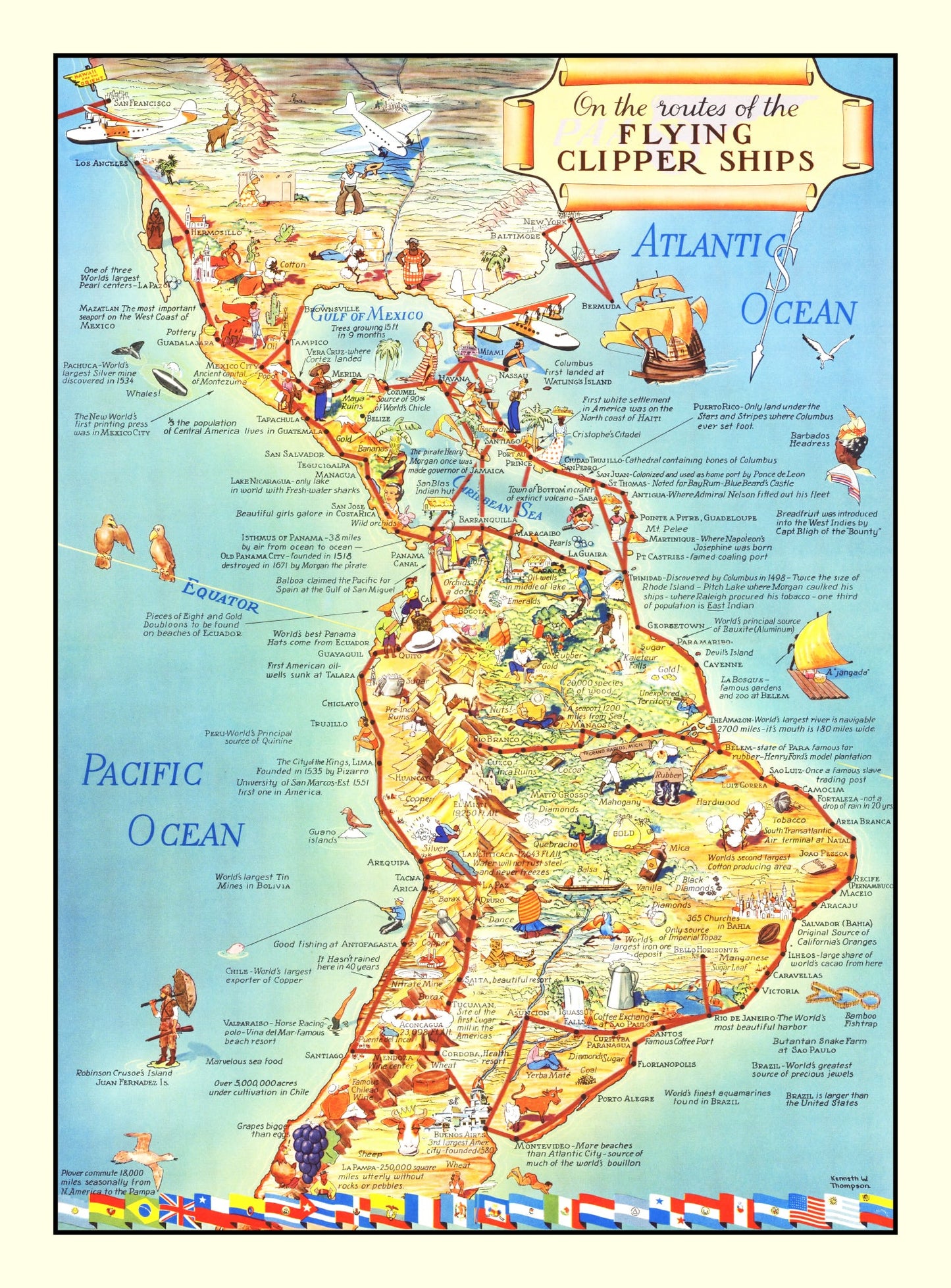 Vintage Map of Flying Clipper Ships of the Americas, 1941