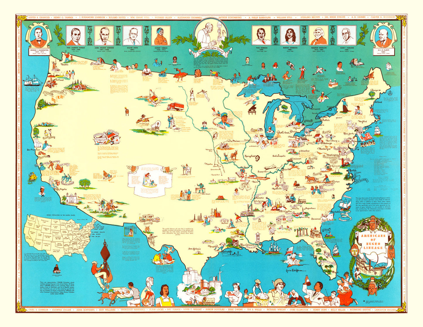 Vintage Map of Americans of Negro Lineage, 1946