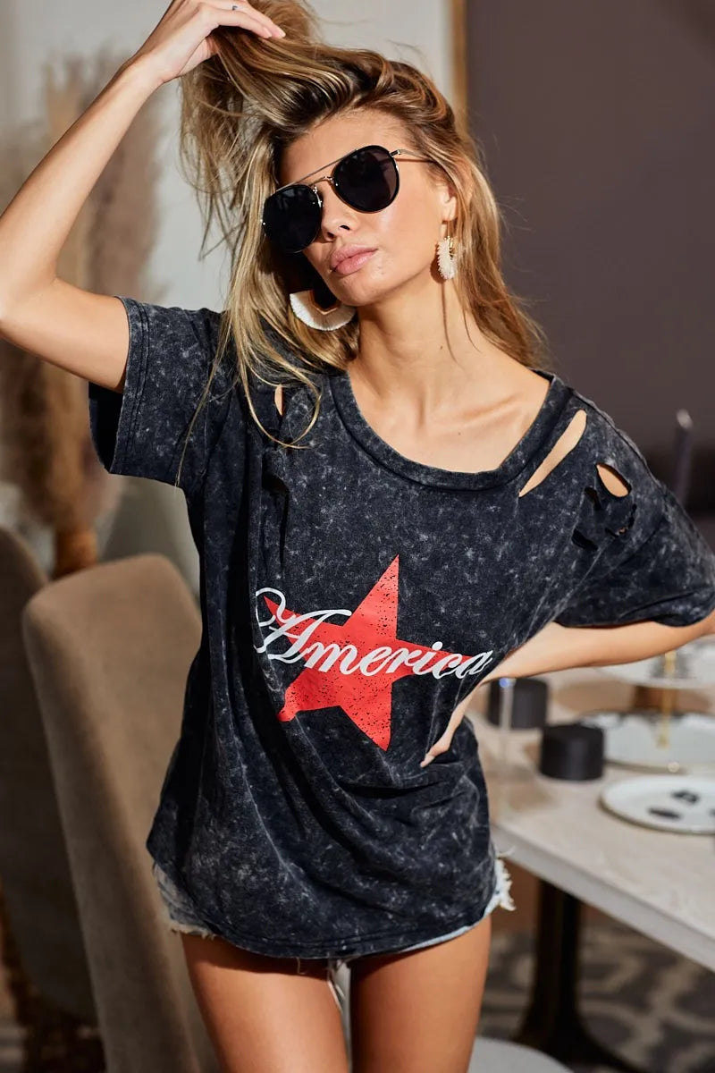 BiBi Laser Cut Mineral Washed Jersey Top with America in Black